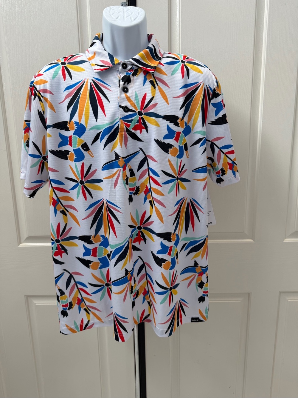 Hurley H2O-Dri White Multicolor Tropical Print Polo Shirt Sz L